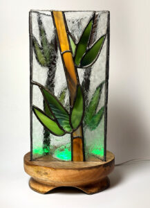 Woodturned and Carved Spalted Mango Wood Lamp Base, Stained Glass by Phyllis Segawa