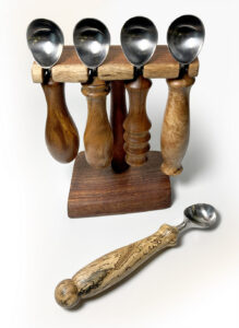 Koa and Spalted Mango Ice Cream Scoops on Koa Display Stand